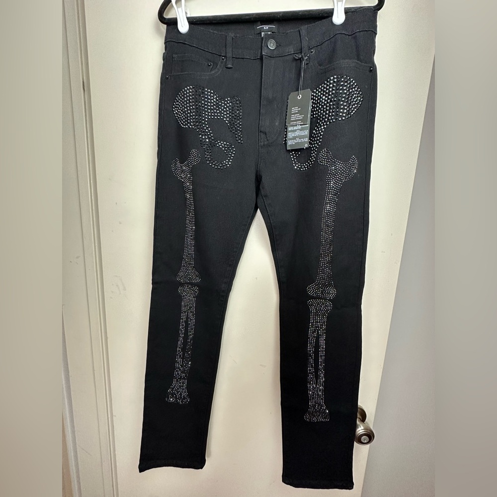 Forever 21 Black Rhinestone Skeleton Front Slim Men’s Gothic Grunge Jeans NWT 32